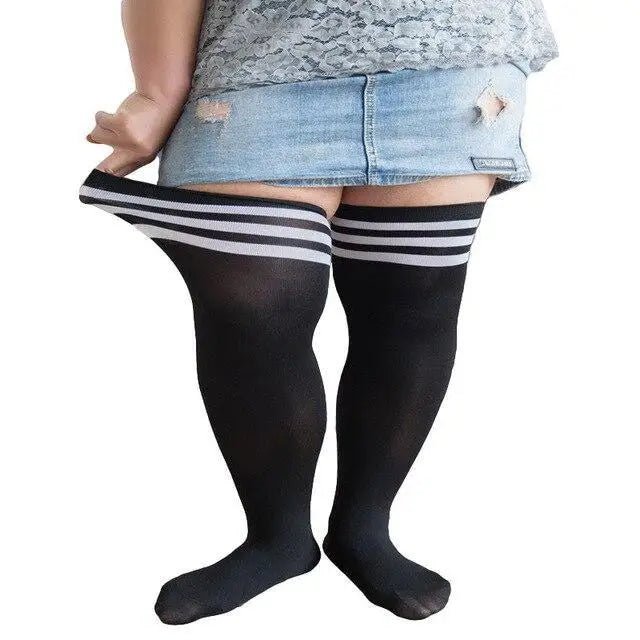 Plus - Size School Girl Thigh High Stockings in White Stripes or Solid Black - Cosparty