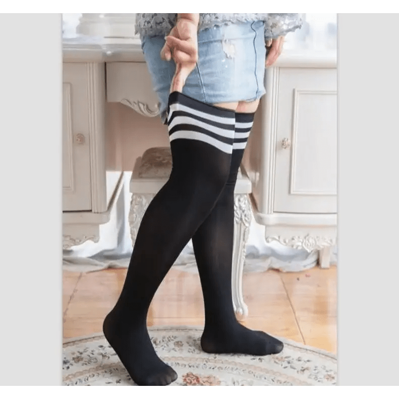 Plus - Size School Girl Thigh High Stockings in White Stripes or Solid Black - Cosparty