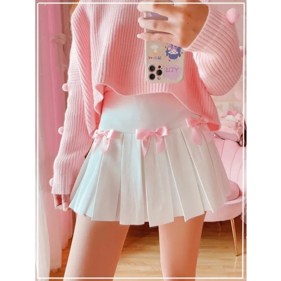 Princess Aesthetic Pink and White Ribbon Tennis Skirt - Cosparty