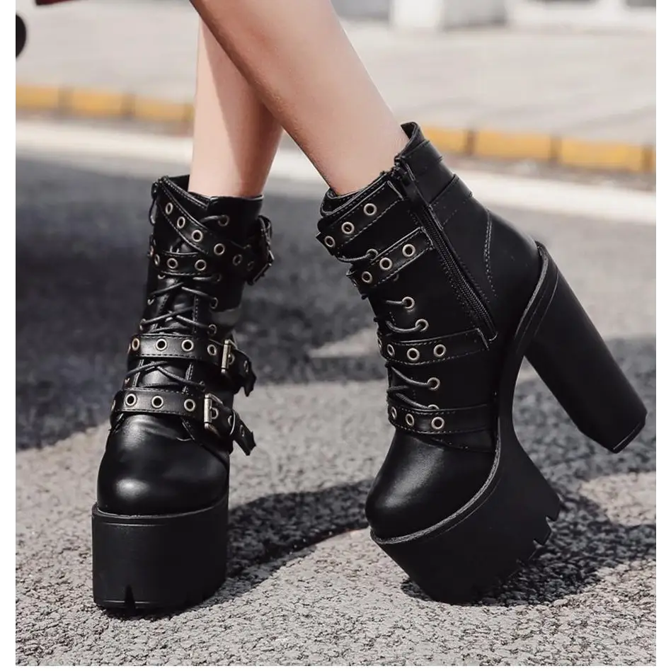 Punk Rock Chunky Block Heeled Booties for Perfect Fit Feet - Shoes