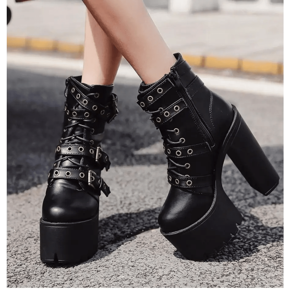 Punk Rock Chunky Block Heeled Booties for Perfect Fit Feet - Cosparty