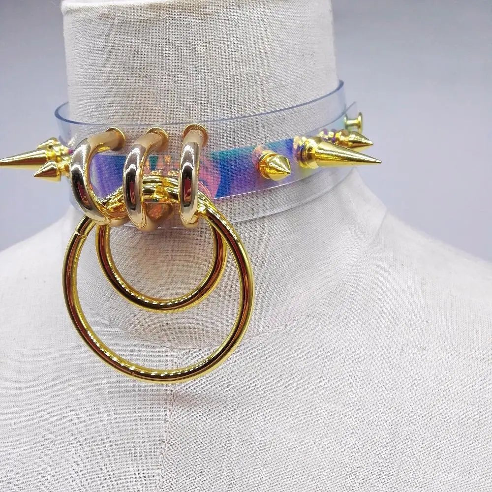 Punk Rock Clear Choker with Spiked Metal Detail and O - Ring Hooks - Cosparty