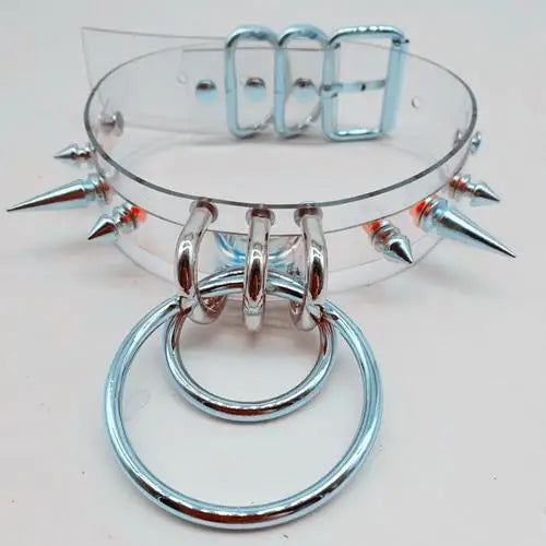 Punk Rock Clear Choker with Spiked Metal Detail and O-Ring Hooks - Silver - choker