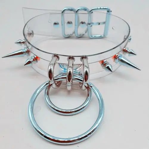 Punk Rock Clear Choker with Spiked Metal Detail and O - Ring Hooks - Cosparty