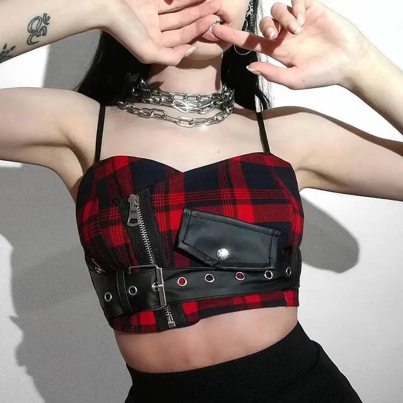 Punk Rock Tartan Plaid Cropped Tank for Edgy Style - Cosparty