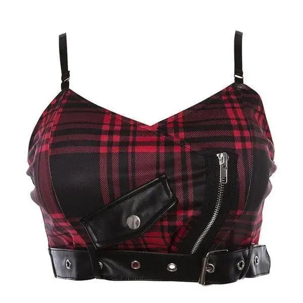 Punk Rock Tartan Plaid Cropped Tank for Edgy Style - Cosparty