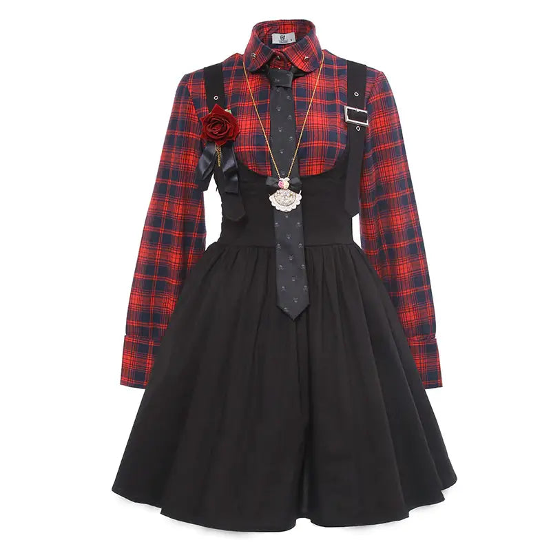 Punk Rock Tartan Plaid Suspender Skirt and Button-Up Dress Set - Dress