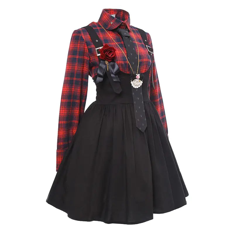 Punk Rock Tartan Plaid Suspender Skirt and Button-Up Dress Set - Dress