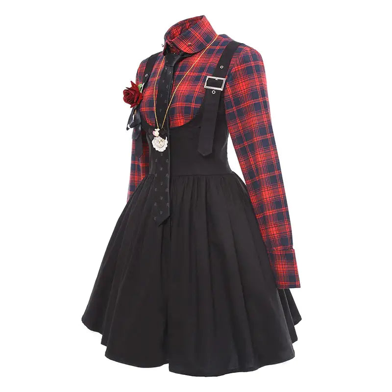 Punk Rock Tartan Plaid Suspender Skirt and Button-Up Dress Set - Dress