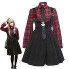 Punk Rock Tartan Plaid Suspender Skirt and Button-Up Dress Set - M - Dress