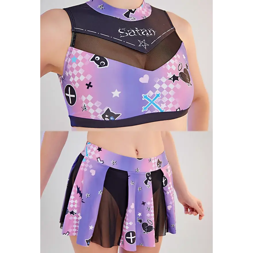 Purple and Black Holographic Pastel Goth Cheerleader Outfit Costume - lingerie