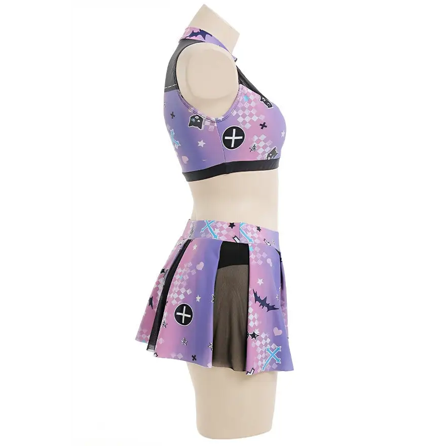 Purple and Black Holographic Pastel Goth Cheerleader Outfit Costume - lingerie