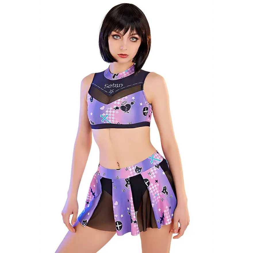 Purple and Black Holographic Pastel Goth Cheerleader Outfit Costume - lingerie