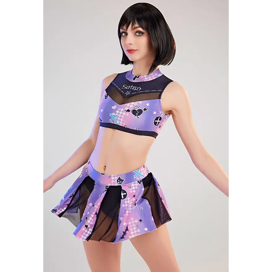 Purple and Black Holographic Pastel Goth Cheerleader Outfit Costume - lingerie