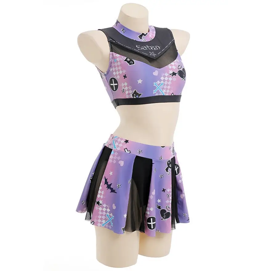 Purple and Black Holographic Pastel Goth Cheerleader Outfit Costume - lingerie