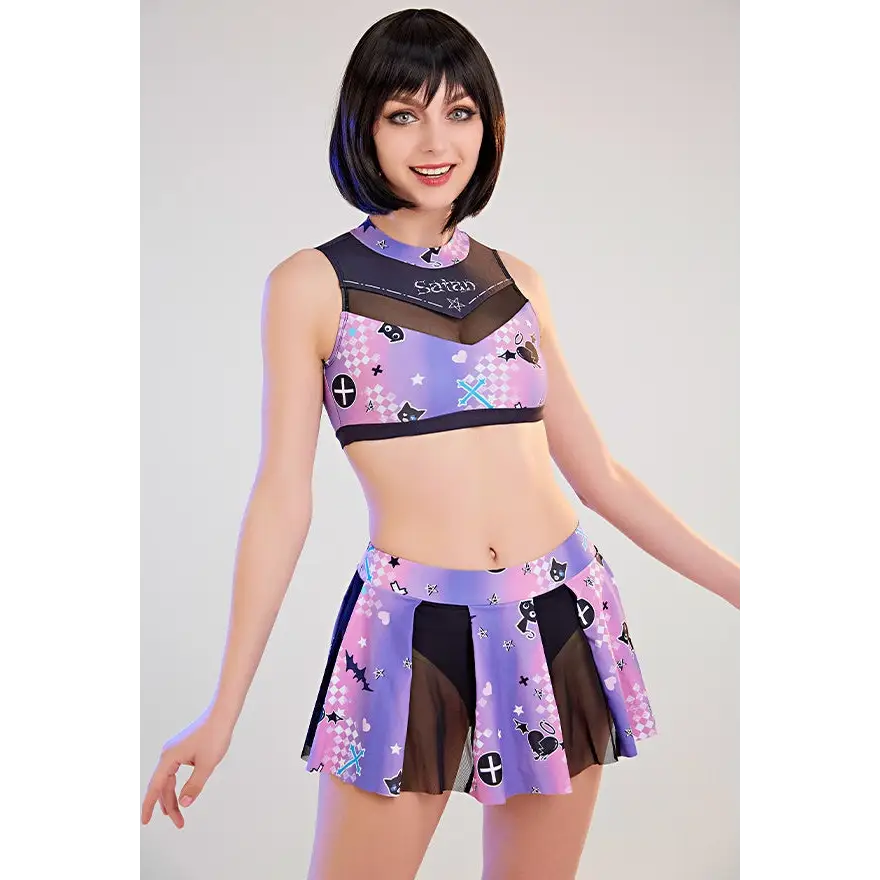 Purple and Black Holographic Pastel Goth Cheerleader Outfit Costume - lingerie