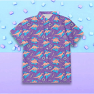 Purple and Blue Dinosaur Button Up Retro 90s Dino Tee - shirt