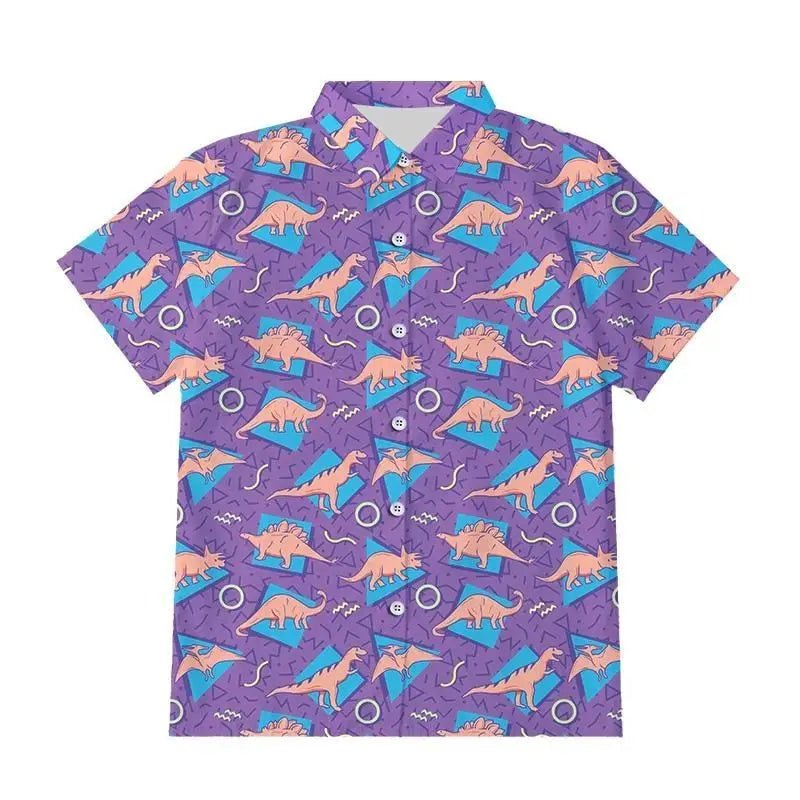 Purple and Blue Dinosaur Button Up Retro 90s Dino Tee - Cosparty