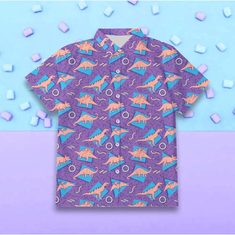 Purple and Blue Dinosaur Button Up Retro 90s Dino Tee - Cosparty