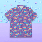 Purple and Blue Dinosaur Button Up Retro 90s Dino Tee - Cosparty