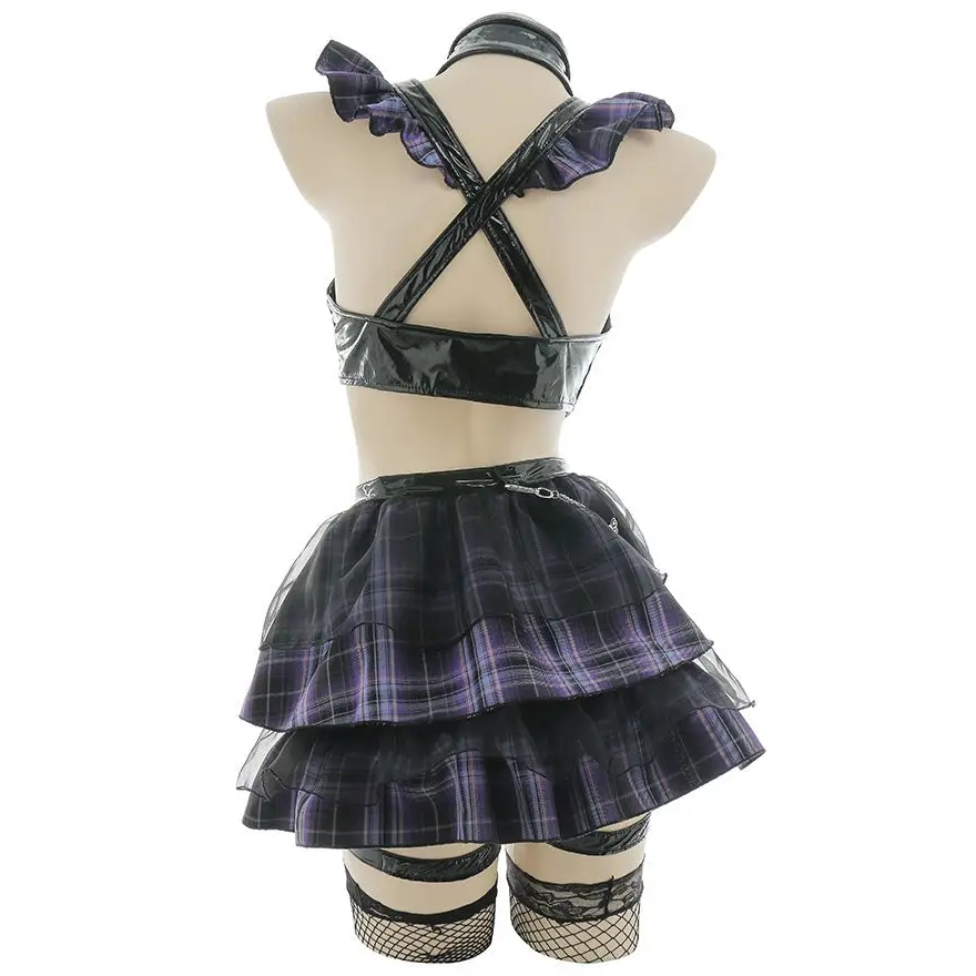 Purple Plaid Latex Vixen Bodysuit for Edgy Alternative Fashion - bodysuit