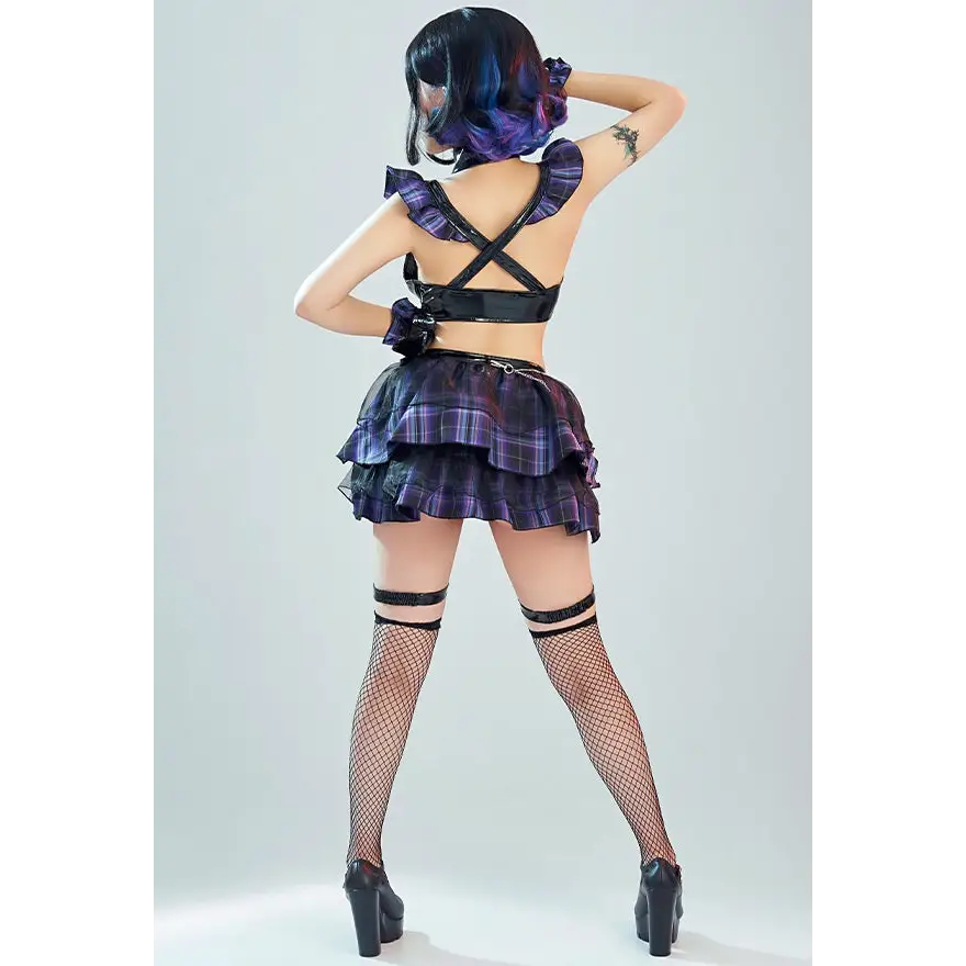 Purple Plaid Latex Vixen Bodysuit for Edgy Alternative Fashion - bodysuit