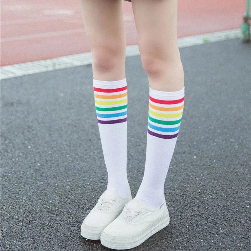 Rainbow Striped Knee - High Socks in Black or White - Cosparty