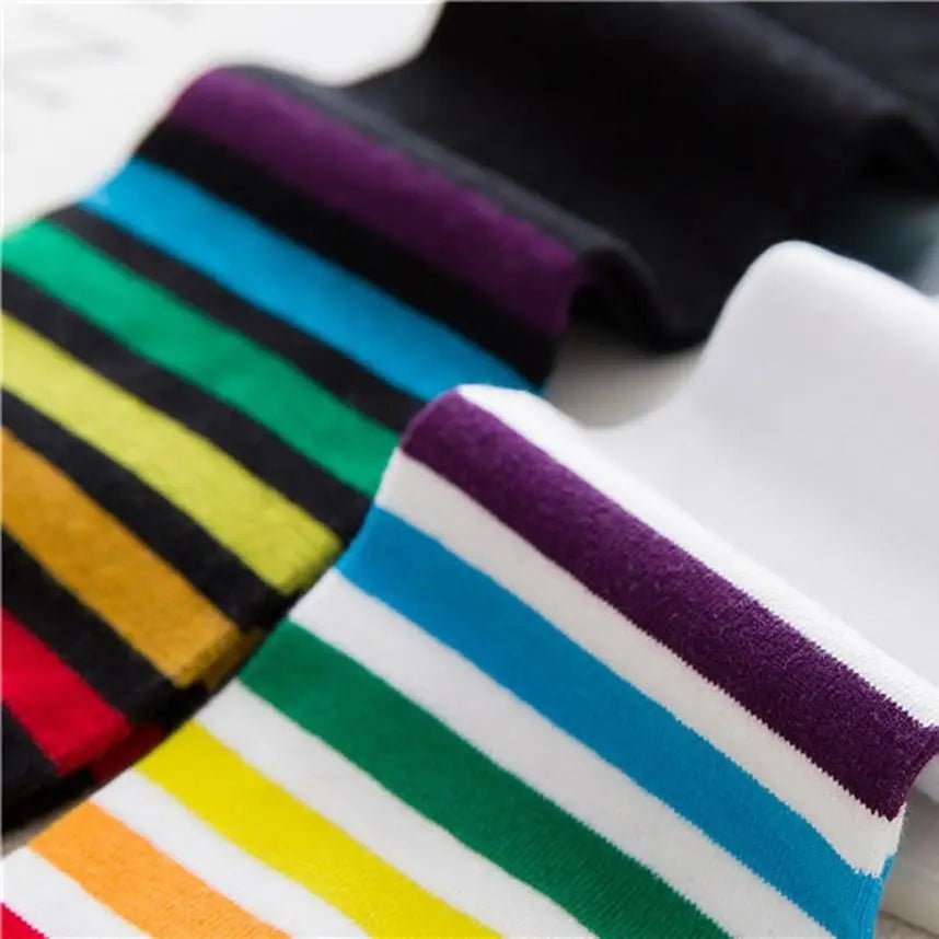 Rainbow Striped Knee - High Socks in Black or White - Cosparty