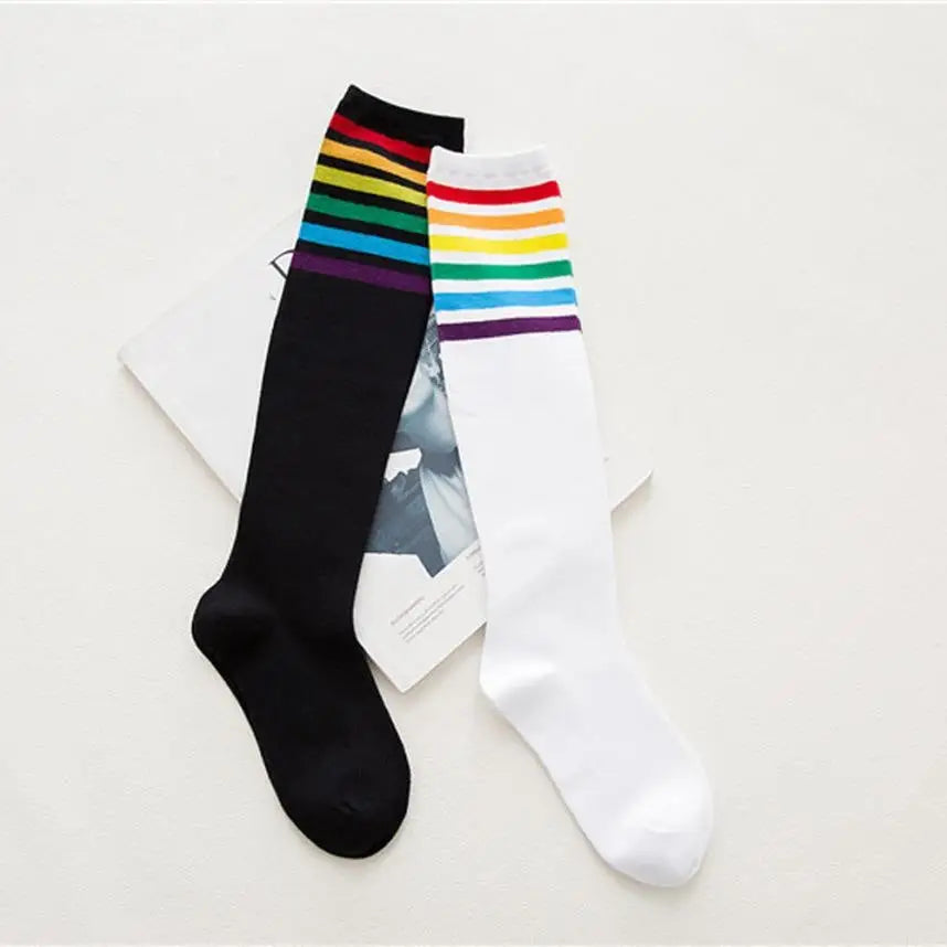 Rainbow Striped Knee-High Socks in Black or White - socks