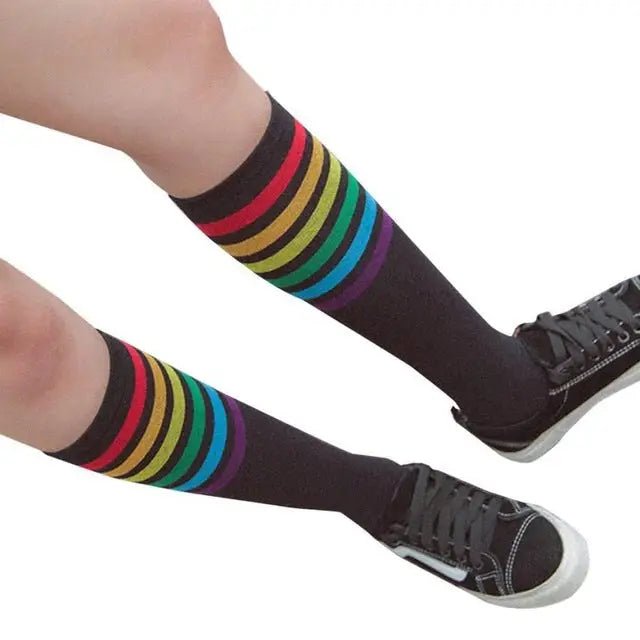 Rainbow Striped Knee - High Socks in Black or White - Cosparty