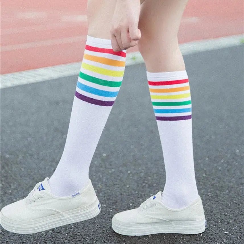 Rainbow Striped Knee - High Socks in Black or White - Cosparty