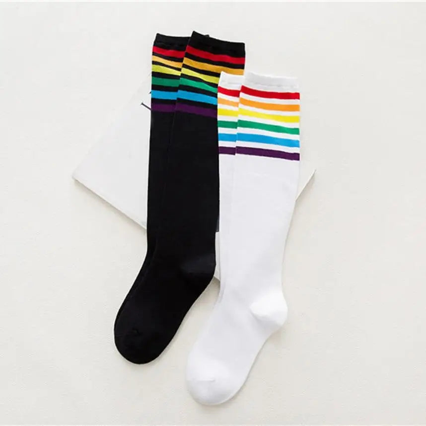 white rainbow stripe knee socks sweat socks gay pride parade harajuku japan fashion by Cosparty