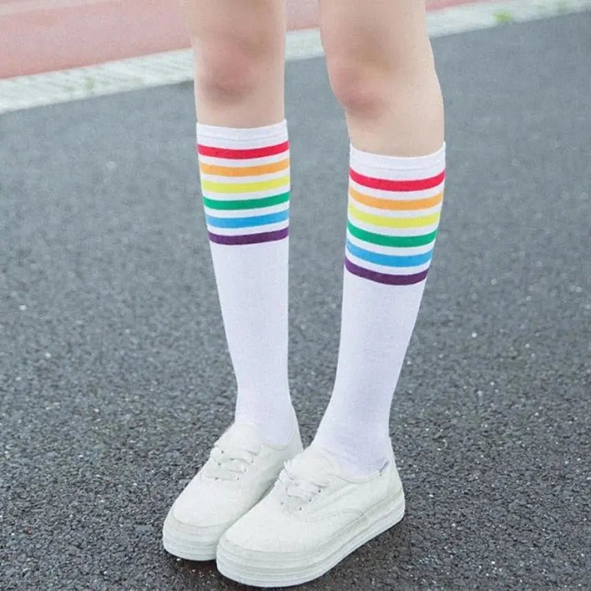 Rainbow Striped Knee - High Socks in Black or White - Cosparty