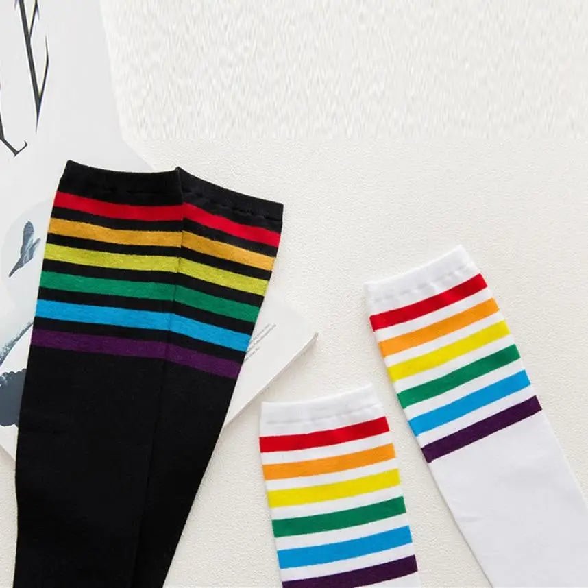 Rainbow Striped Knee - High Socks in Black or White - Cosparty