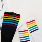 Rainbow Striped Knee - High Socks in Black or White - Cosparty
