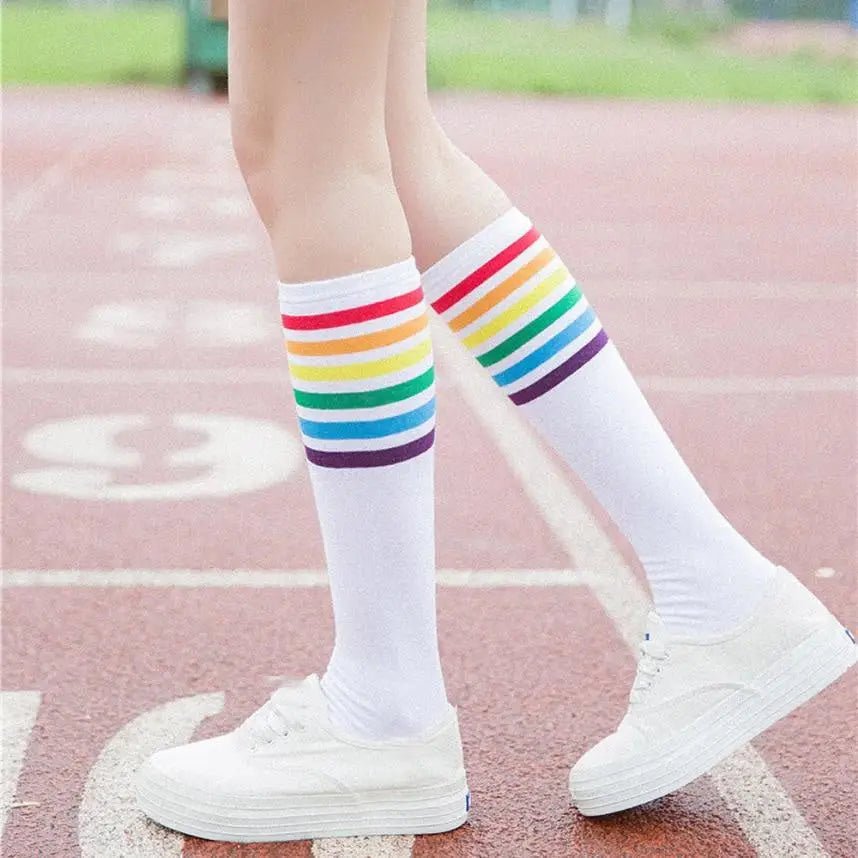 Rainbow Striped Knee - High Socks in Black or White - Cosparty