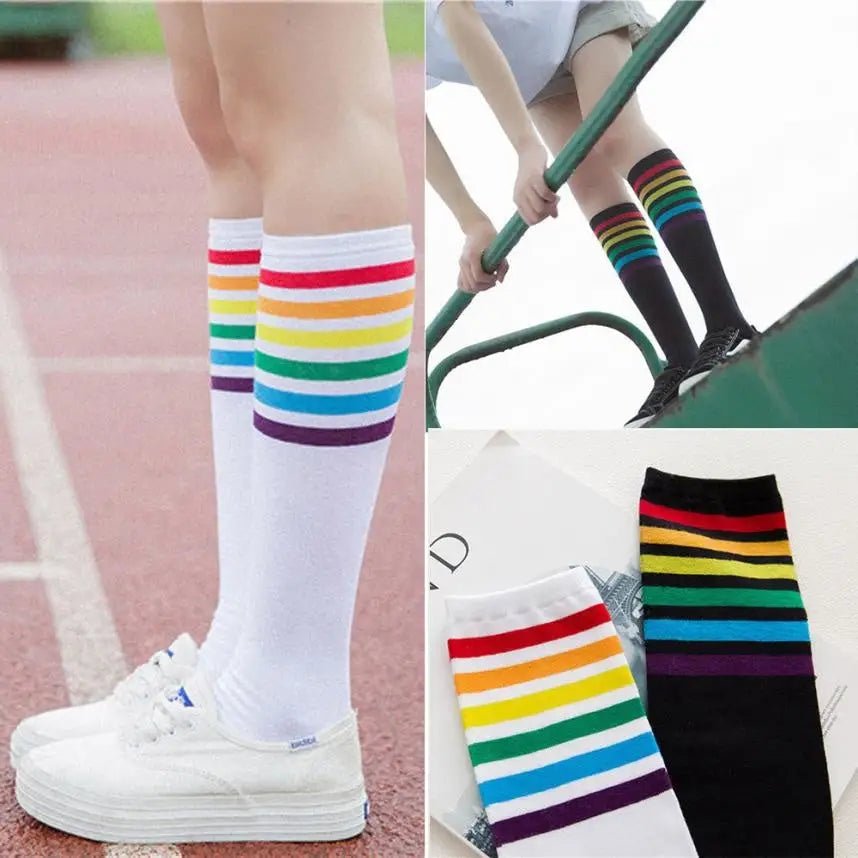 Rainbow Striped Knee - High Socks in Black or White - Cosparty