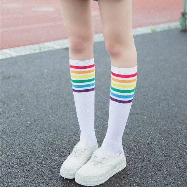 Rainbow Striped Knee - High Socks in Black or White - Cosparty