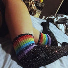 Rainbow Thigh High Glitter Socks with Rhinestones - Black Rainbow Glitter - socks