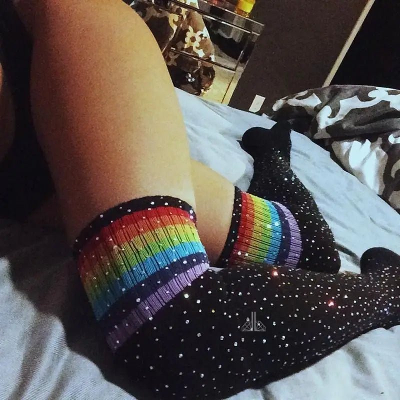 Rainbow Thigh High Glitter Socks with Rhinestones - Cosparty