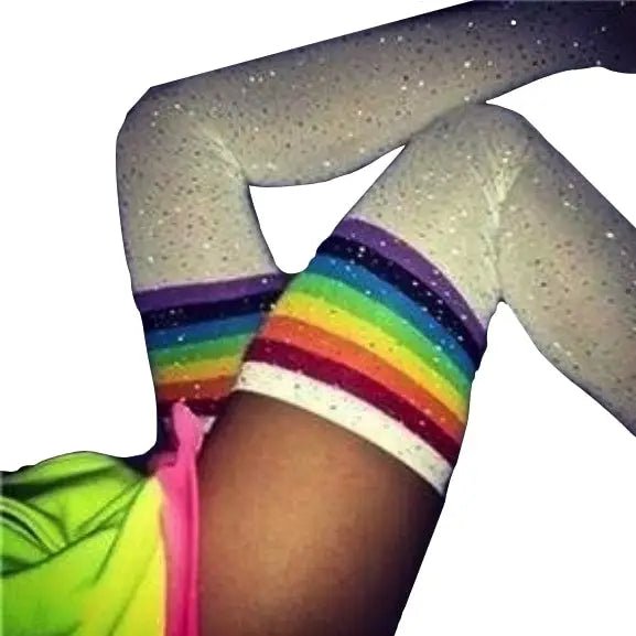 Rainbow Thigh High Glitter Socks with Rhinestones - Cosparty