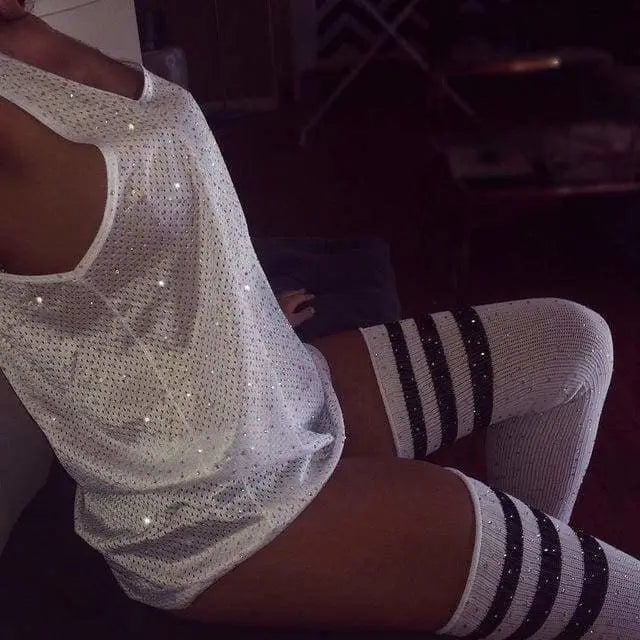 Glitter Rainbow Thigh Highs - White Black Glitter - Socks