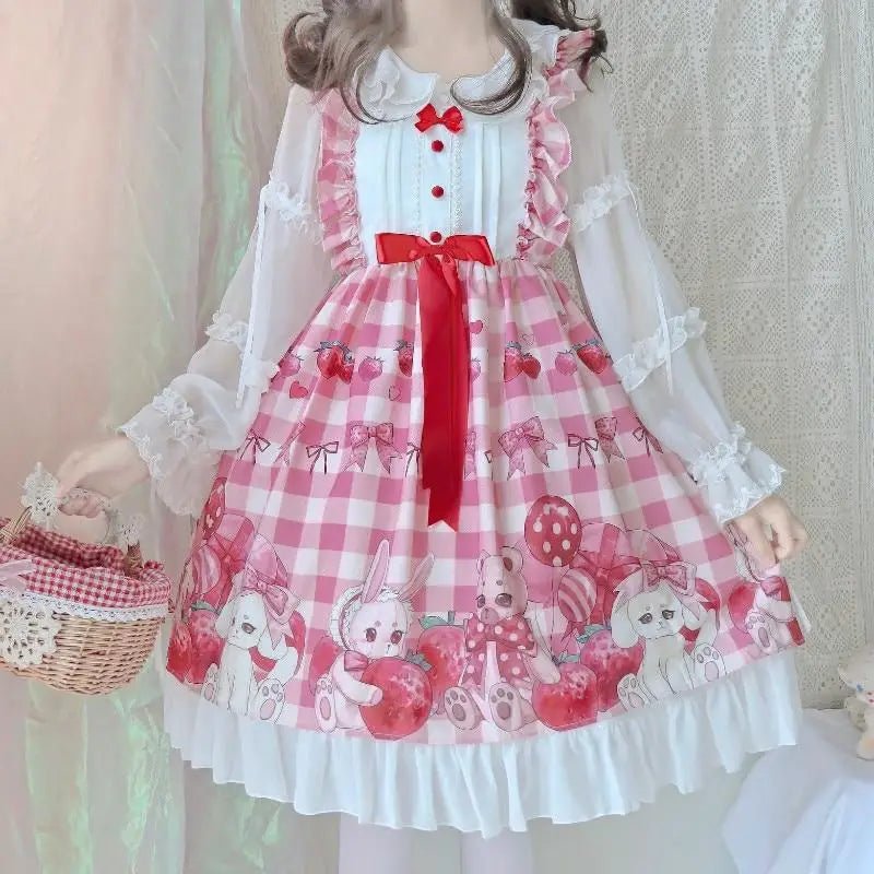 Red Bunny Rabbit Plaid Lolita Dress for Kawaii Princesses - Cosparty