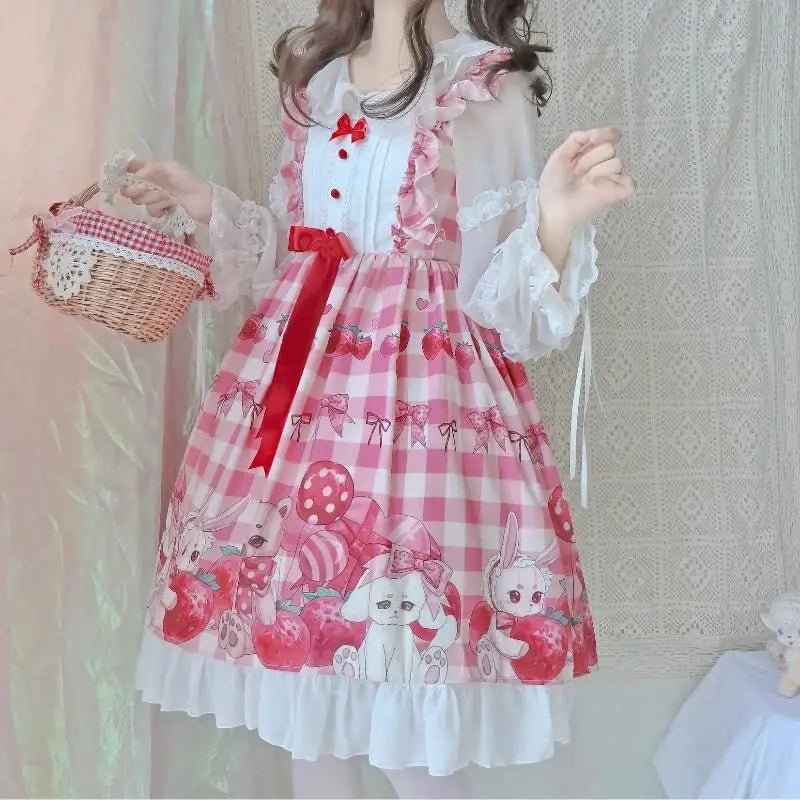 Red Bunny Rabbit Plaid Lolita Dress for Kawaii Princesses - Cosparty