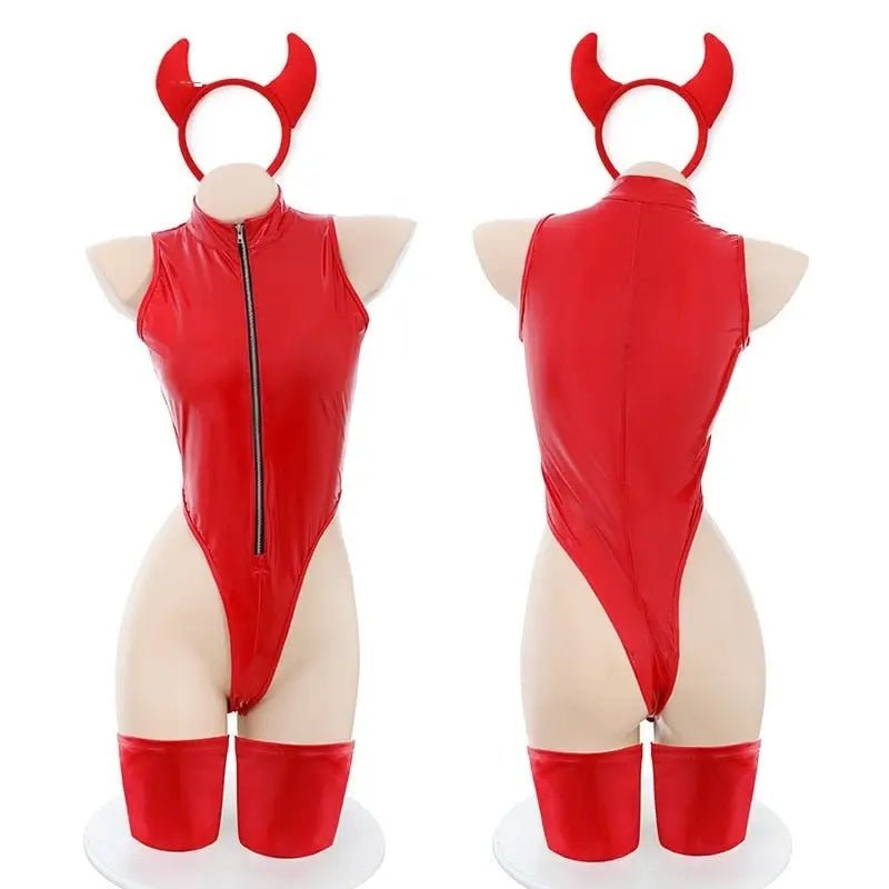 Red Latex Devil Lingerie Costume Set for Halloween - Cosparty