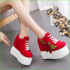 Red Rose Embroidered Chunky Wedge Platform Sneakers - Shoes