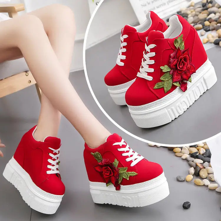 Red Rose Embroidered Chunky Wedge Platform Sneakers - Shoes