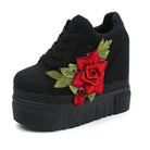 Red Rose Embroidered Chunky Wedge Platform Sneakers - Cosparty