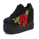 red rose wedge sneakers lace up shoes 3d embroidery laces trainers harajuku japan fashion aesthetic by Cosparty