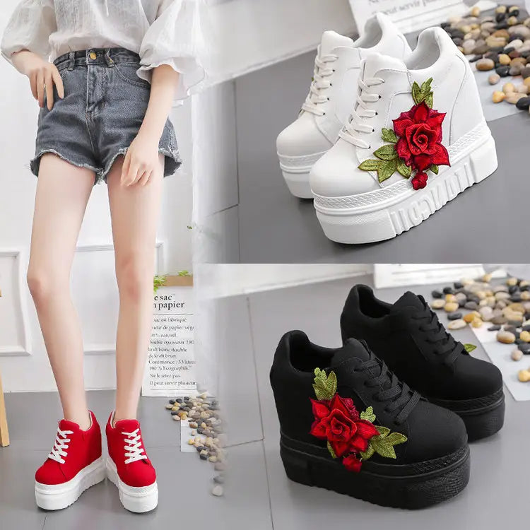 Red Rose Embroidered Chunky Wedge Platform Sneakers - Shoes